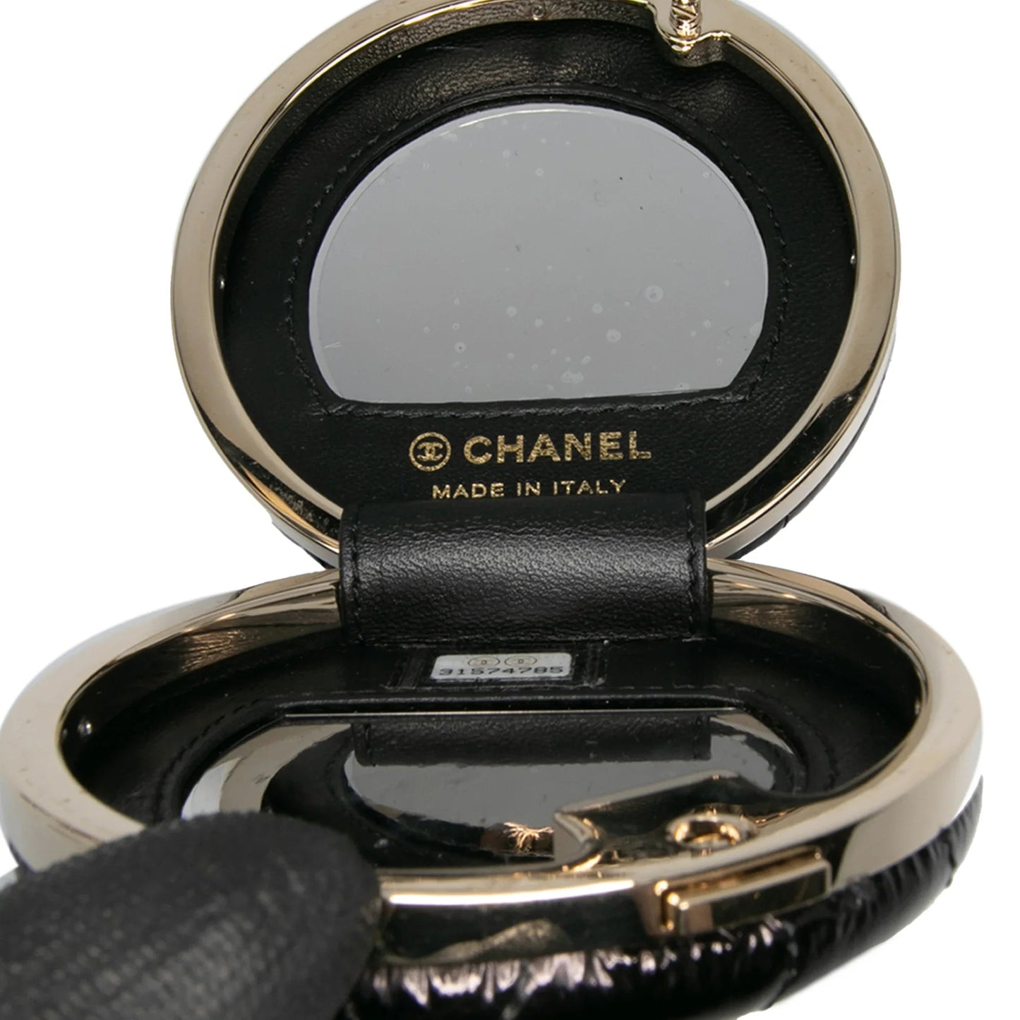 Black Chanel Quilted Patent Round Mirror Chain Necklace