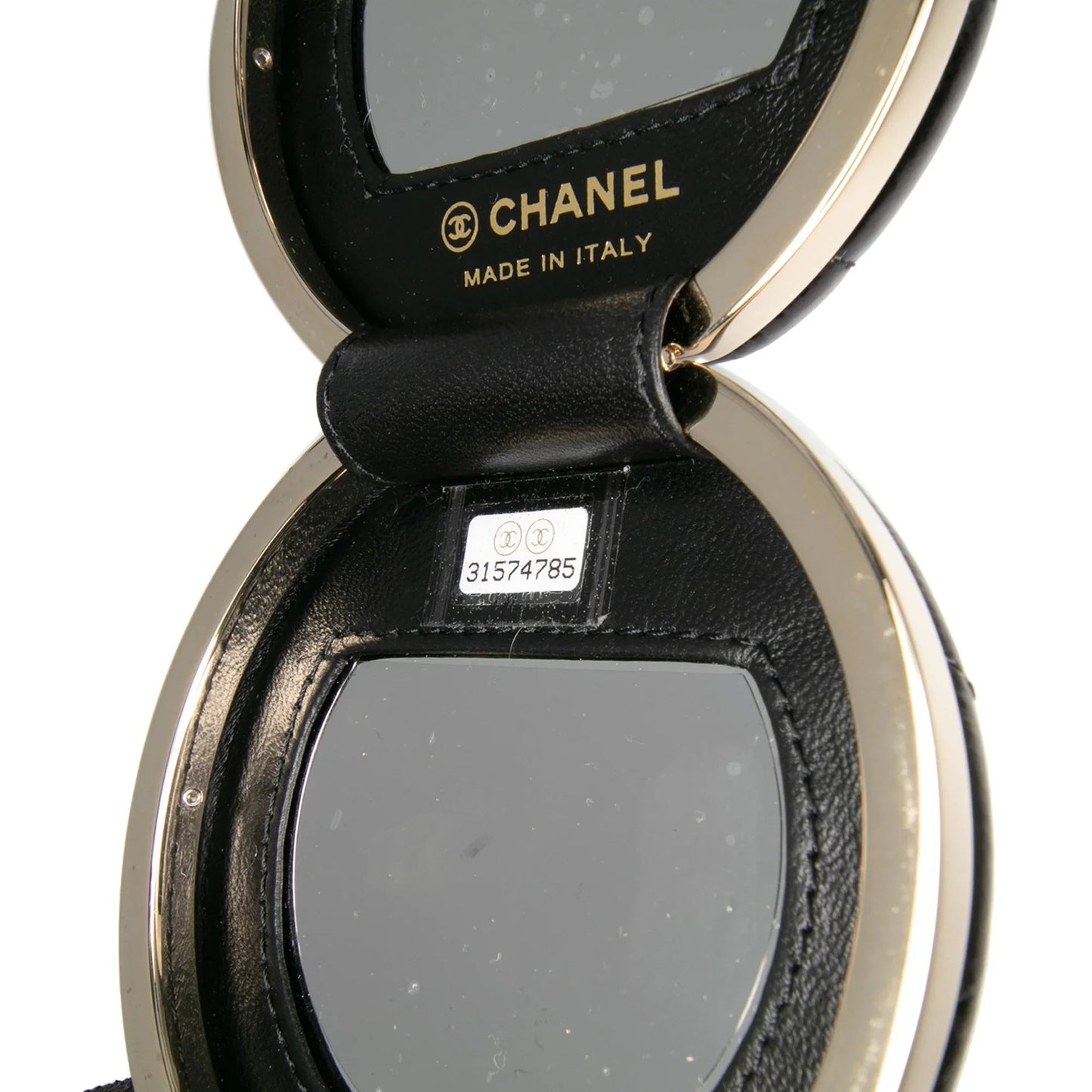 Black Chanel Quilted Patent Round Mirror Chain Necklace