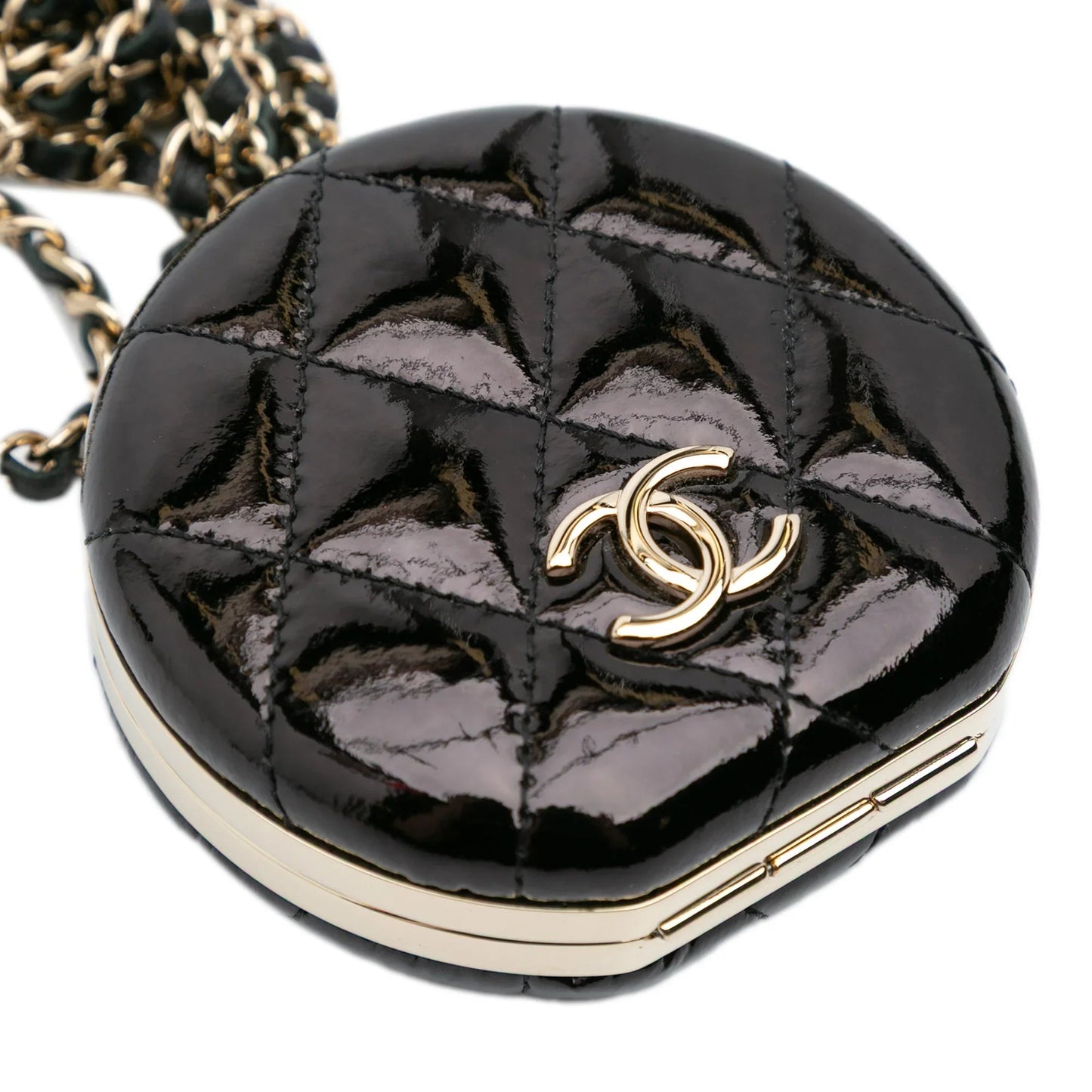 Black Chanel Quilted Patent Round Mirror Chain Necklace