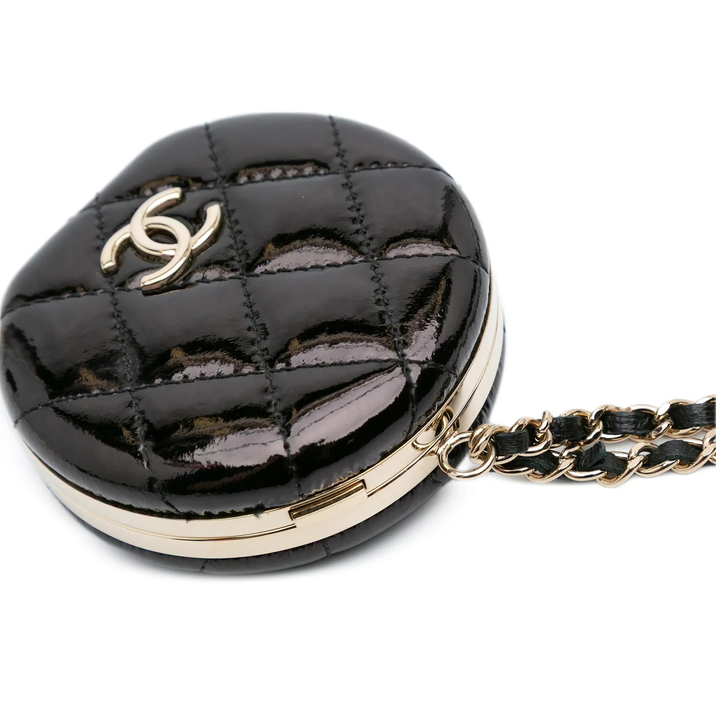 Black Chanel Quilted Patent Round Mirror Chain Necklace
