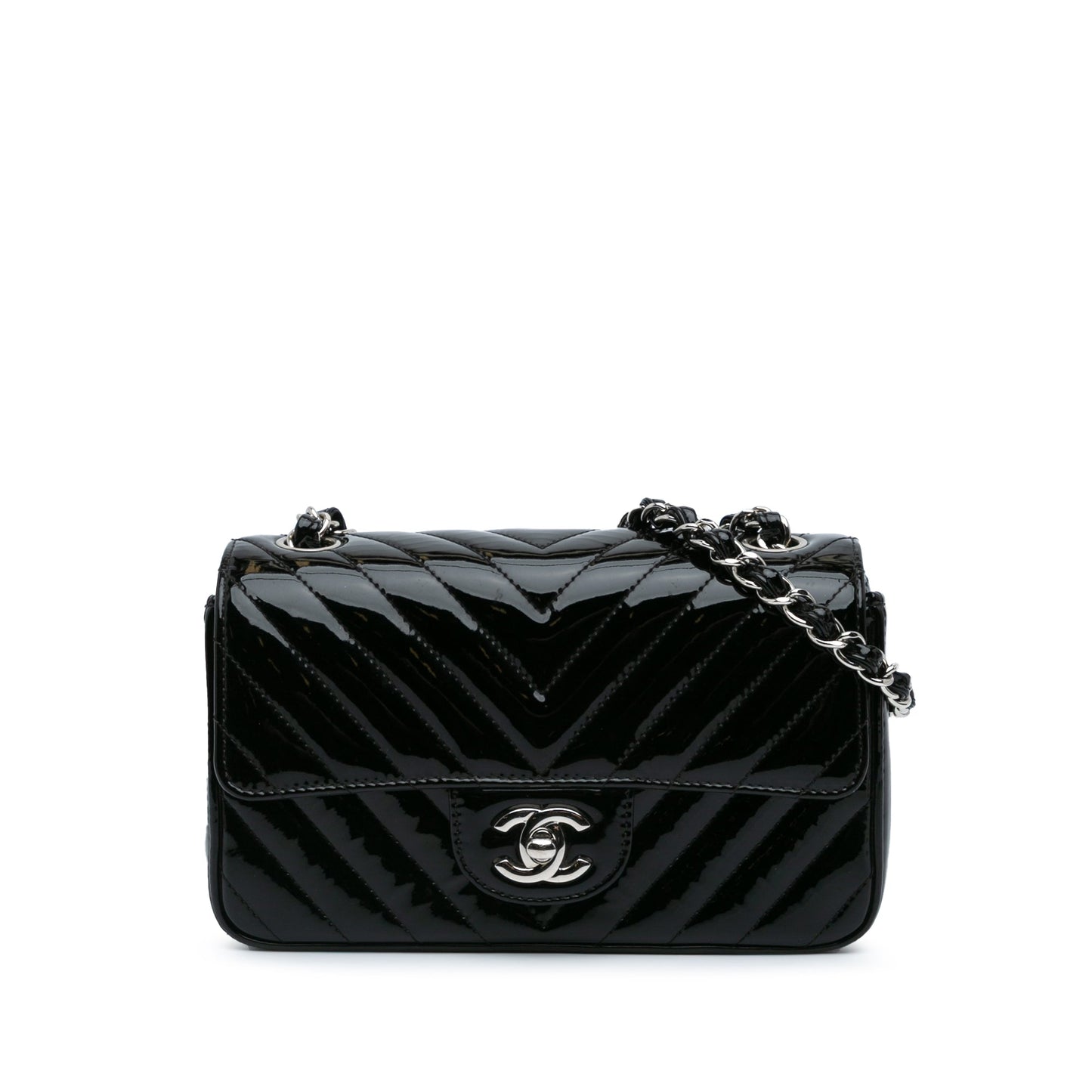 Black Chanel Mini Rectangular Classic Chevron Patent Single Flap Crossbody Bag