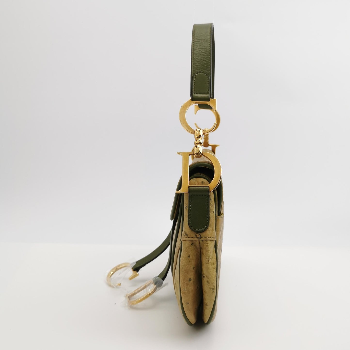 Dior   Double Saddle Green Ostrich Leather Gold Hardware
