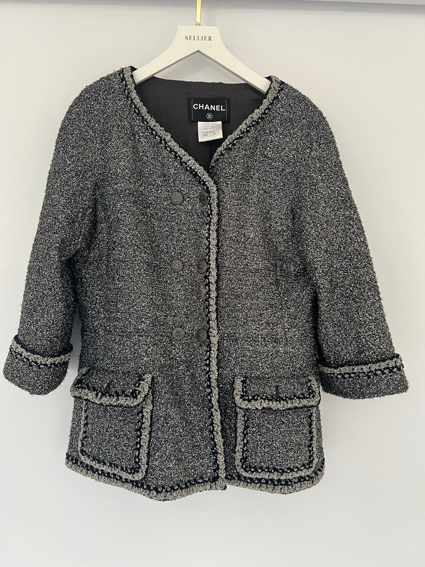 *HOT* Chanel 14/P La Petite Veste Noire Tweed Charcoal Grey Jacket with Silver Detail  Size FR 42 (UK 14)