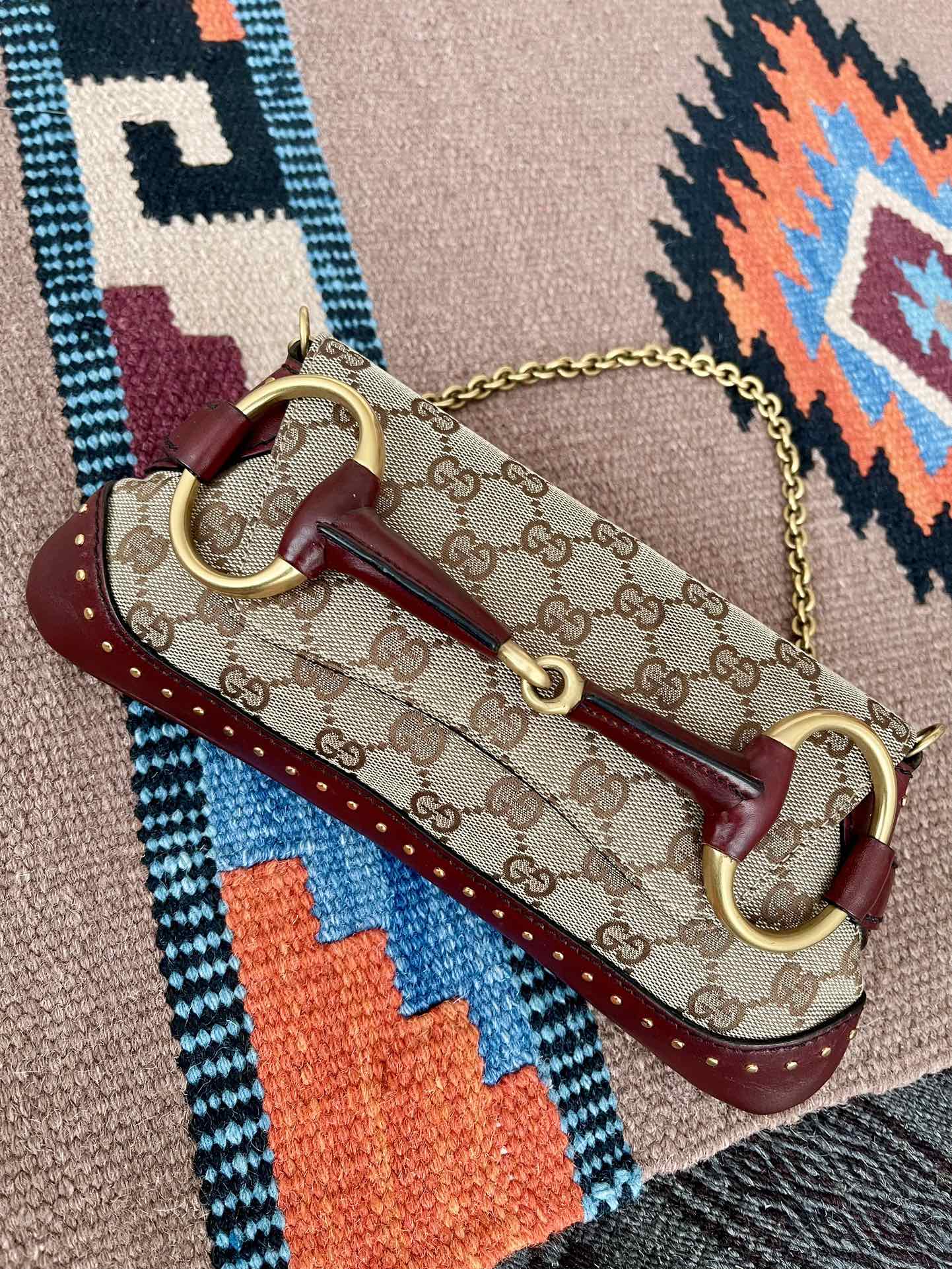 Gucci Horsebit 1955 Small Cloth Beige Monogram Burgundy Leather Shoulder bag