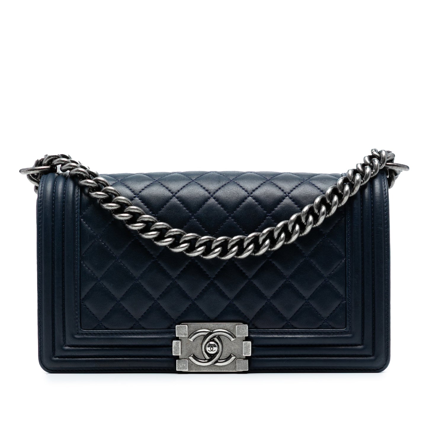 Blue Chanel Old Medium Quilted Lambskin Boy Flap Crossbody Bag