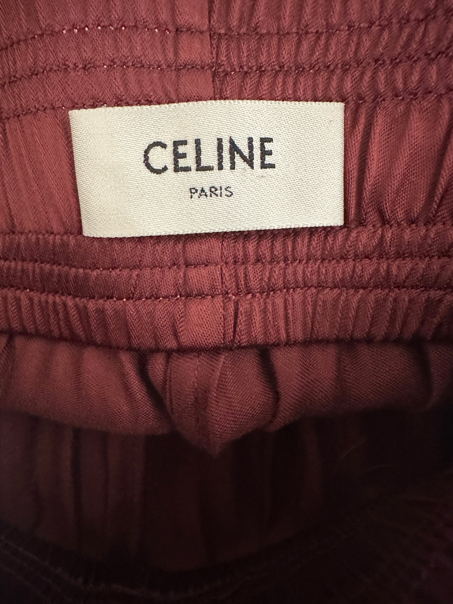 Celine Burgundy Satin Boxing Tro rs with Cuffed Hems and Waistband Logo Detail Size FR 34 (UK 6)