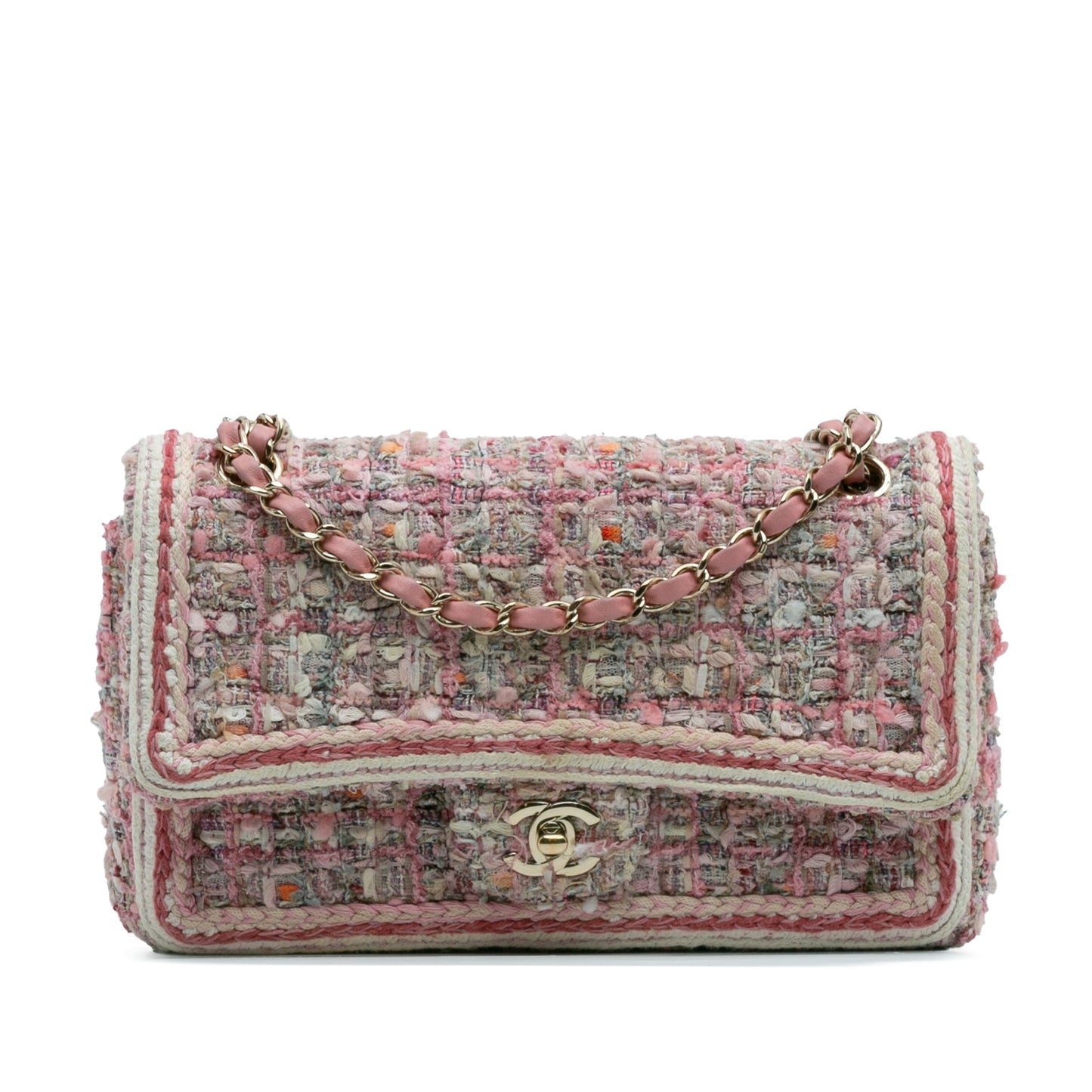 Pink Chanel Medium Classic Quilted Tweed Braided Double Flap Shoulder Bag