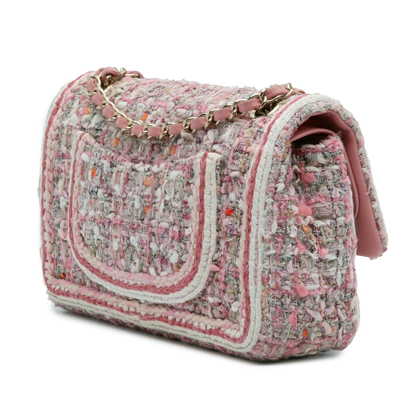 Pink Chanel Medium Classic Quilted Tweed Braided Double Flap Shoulder Bag
