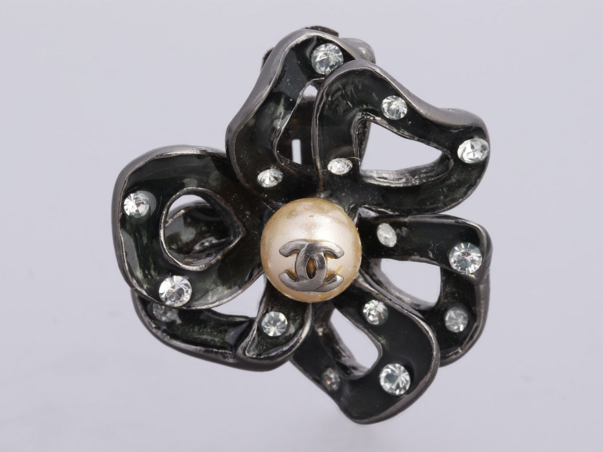 Chanel Pearl and Crystal Logo Flower Clip Earrings