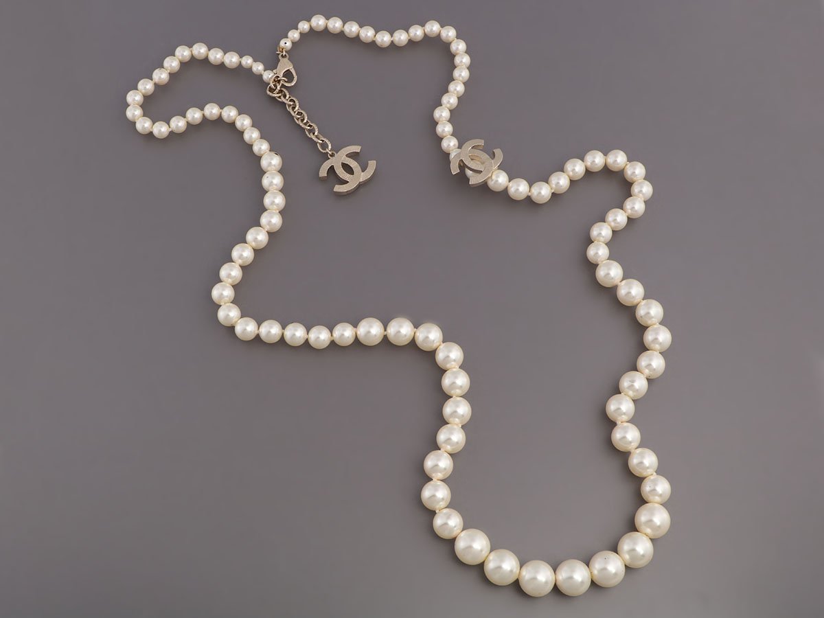 Chanel Long Gold-Tone Faux Pearl Logo Necklace