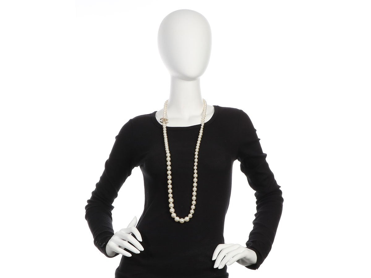 Chanel Long Gold-Tone Faux Pearl Logo Necklace