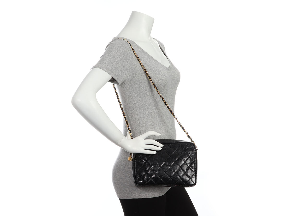 Chanel   Black Quilted Lizard Camera Bag