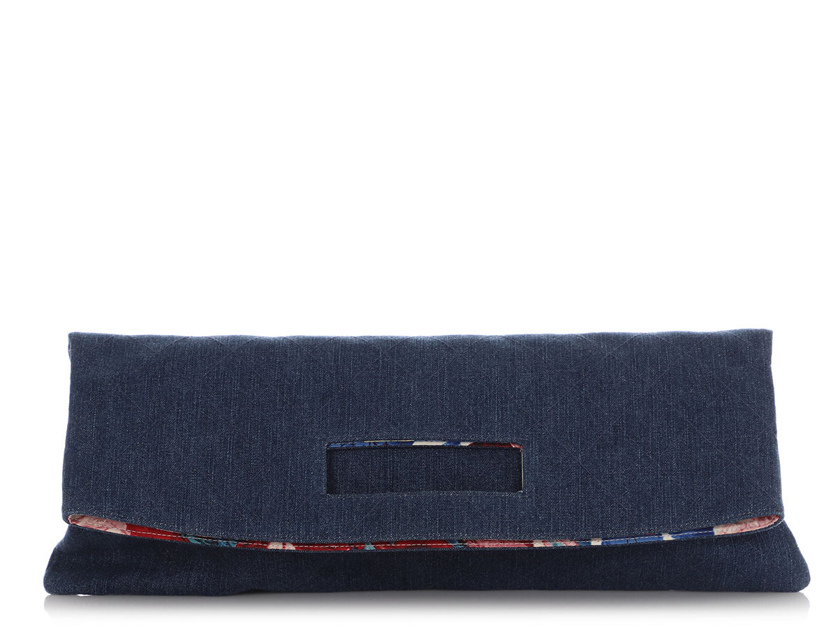 Chanel   Quilted Denim Foldover Clutch