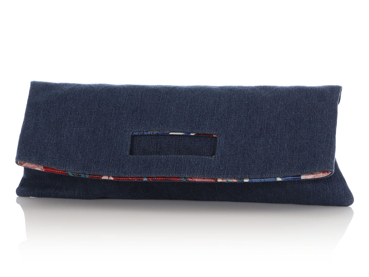 Chanel   Quilted Denim Foldover Clutch