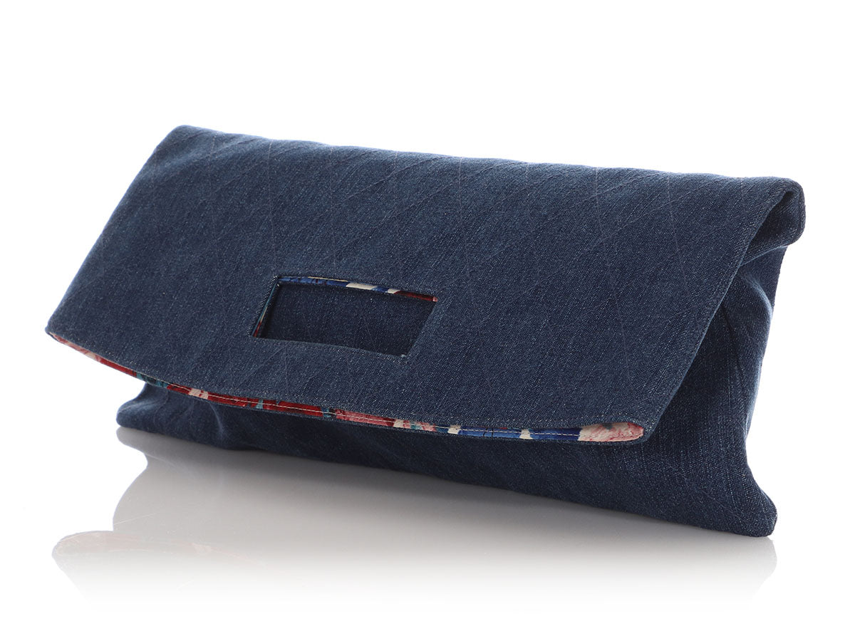 Chanel   Quilted Denim Foldover Clutch