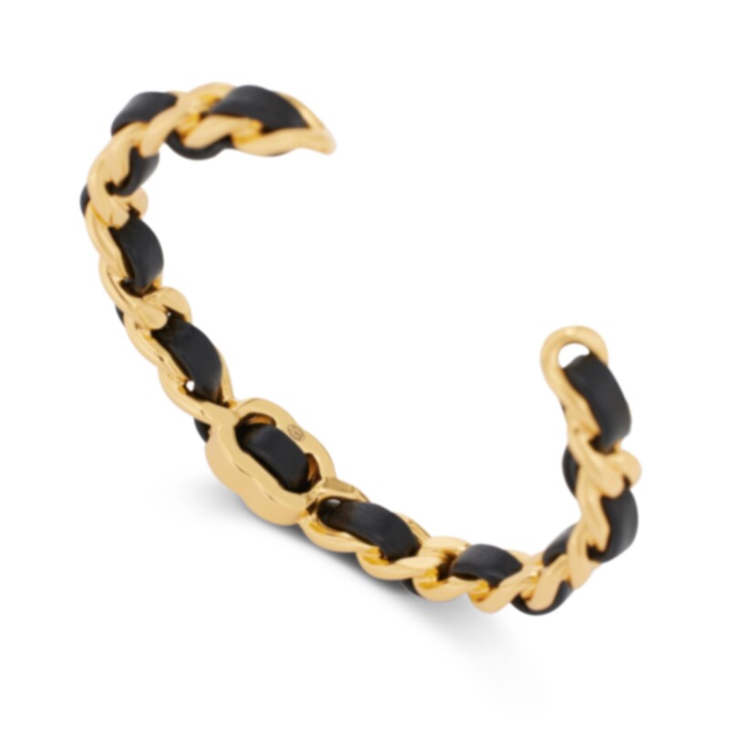 CHANEL BLACK & GOLD METAL AND LAMBSKIN CLASSIC CC TURNLOCK CUFF BRACELET