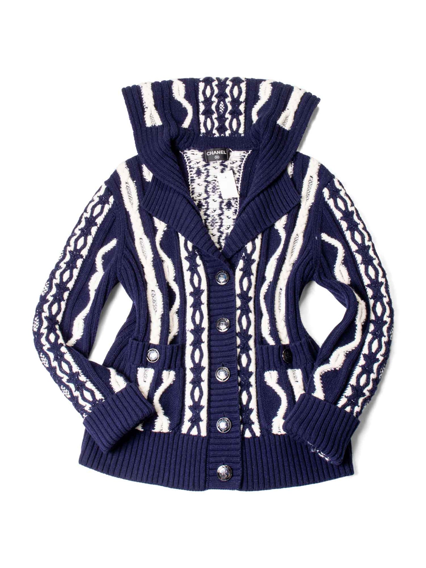 Chanel Cable Knit Cashmere Sparkly Nautical Cardigan Blue White