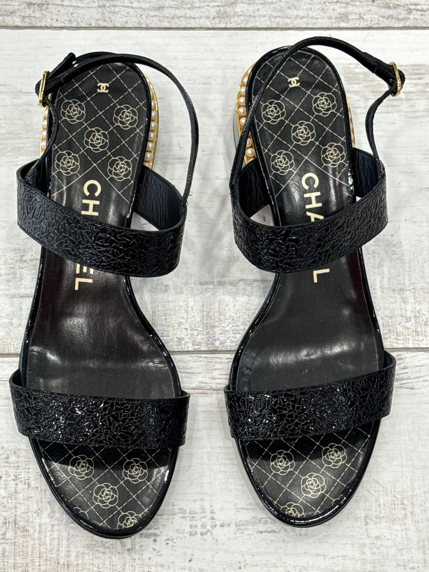 CHANEL CAMELIA INTERLOCKING CC LOGO SLINGBACK SANDALS