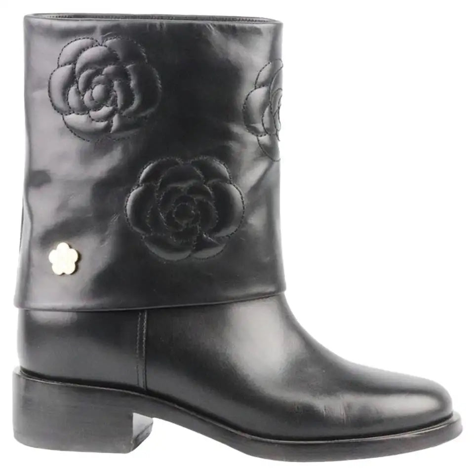 CHANEL CAMELLIA LEATHER BOOTS