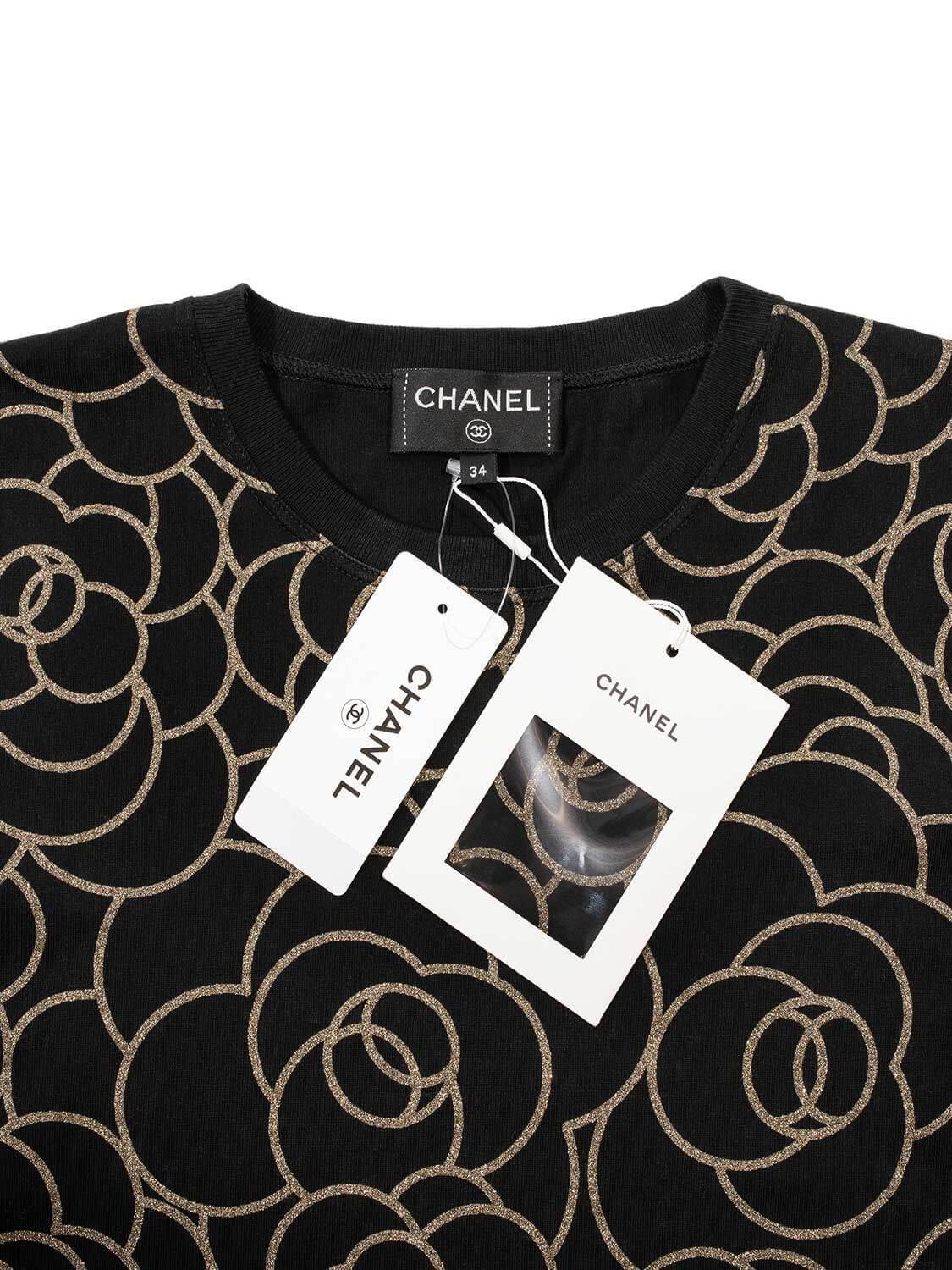 Chanel Cotton CC Logo Camellia Tee Shirt Gold Black