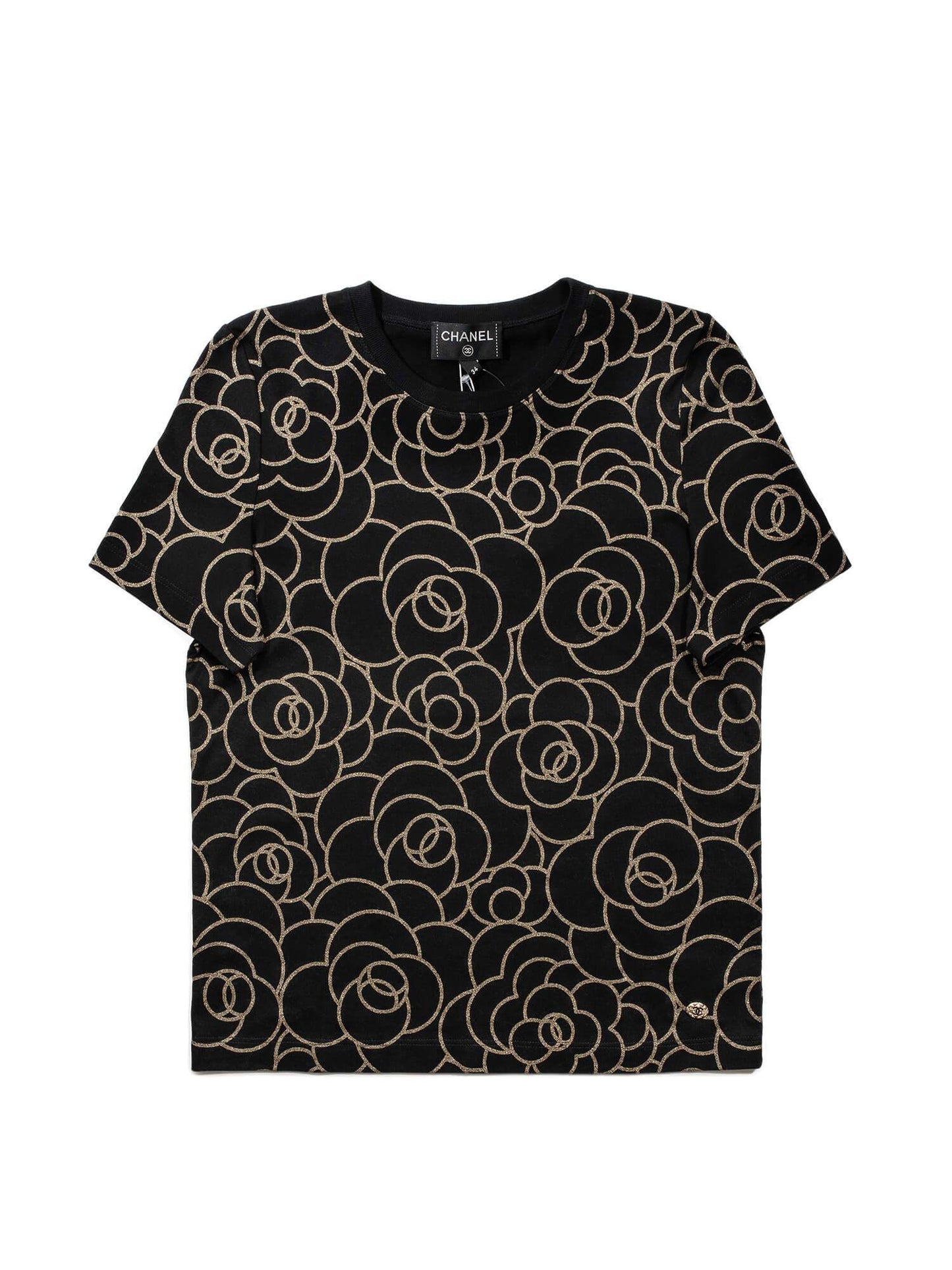 Chanel Cotton CC Logo Camellia Tee Shirt Gold Black