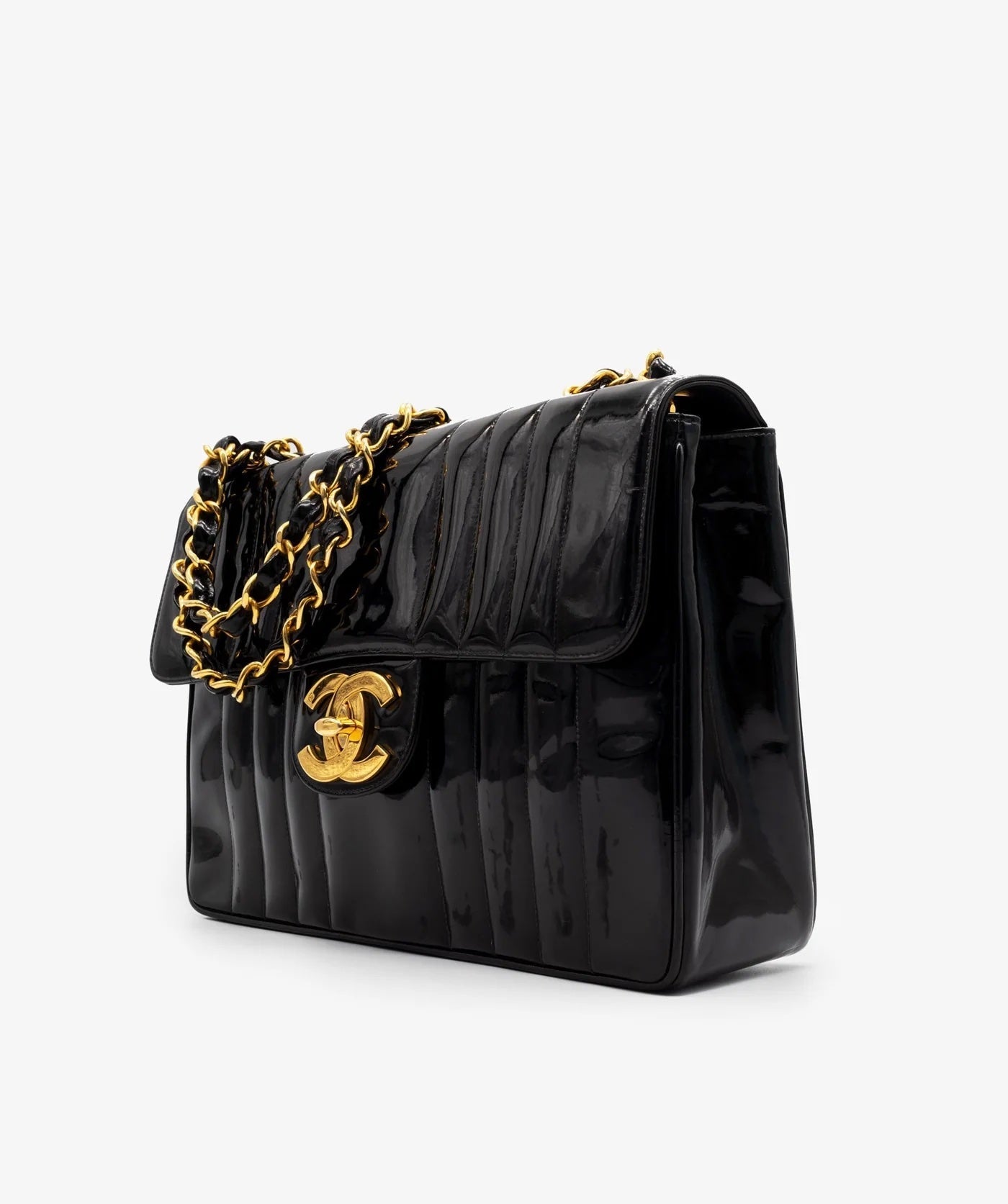 CHANEL JUMBO MADEMOISELLE VERTICAL QUILT   PATENT LEATHER BAG