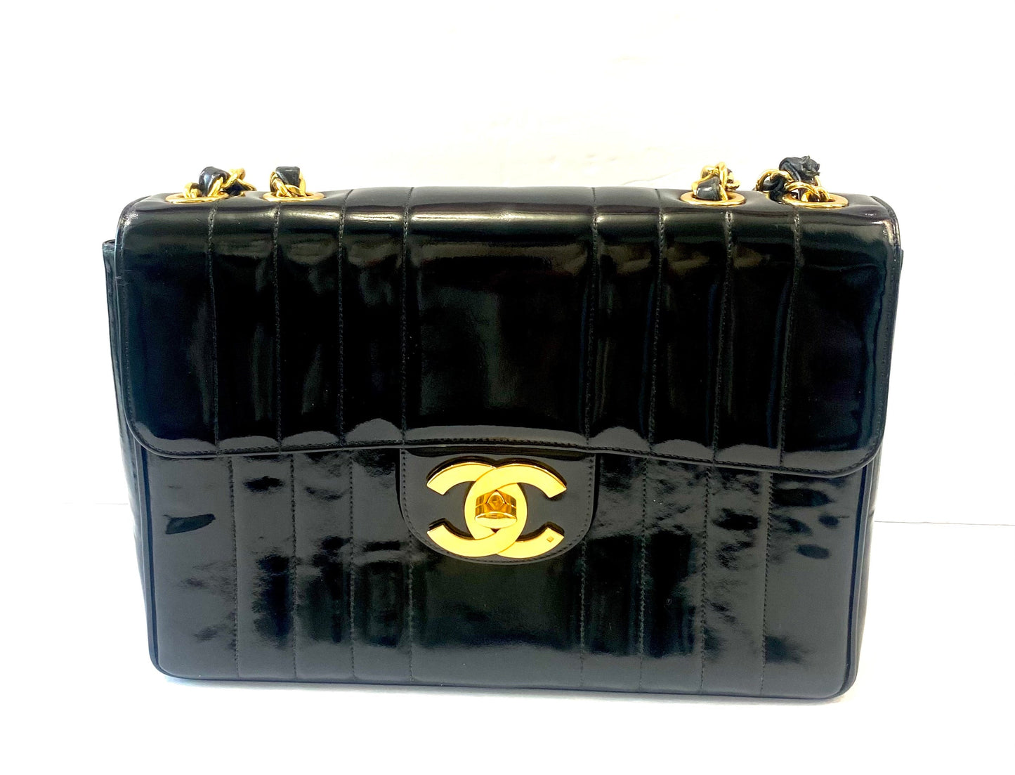 CHANEL JUMBO MADEMOISELLE VERTICAL QUILT   PATENT LEATHER BAG
