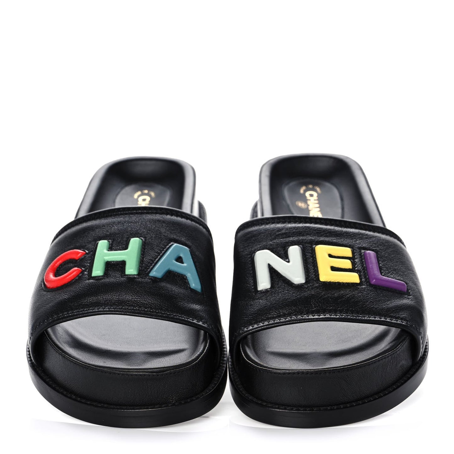 CHANEL LAMBSKIN CHA-NEL SANDLAS MULES