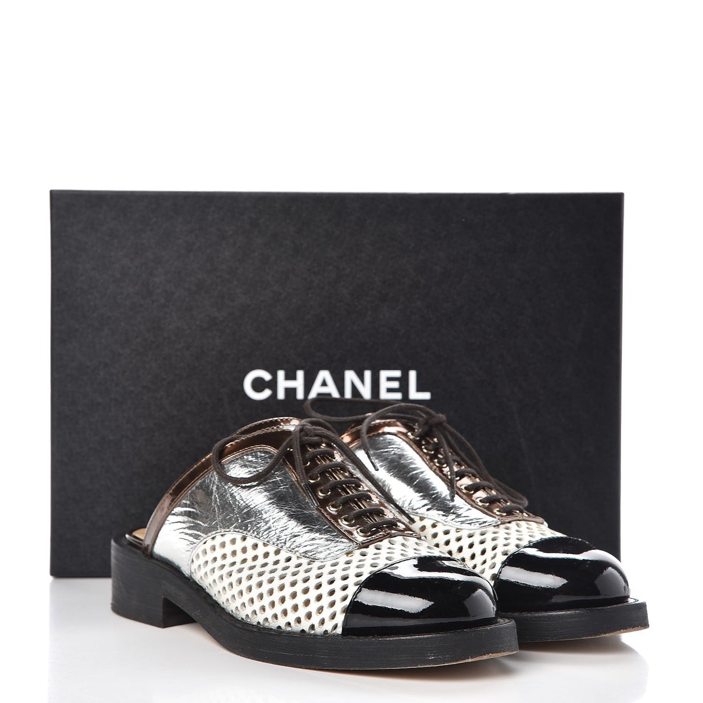 CHANEL PERFORATED LAMBSKIN LEATHER LACE-UP MULES