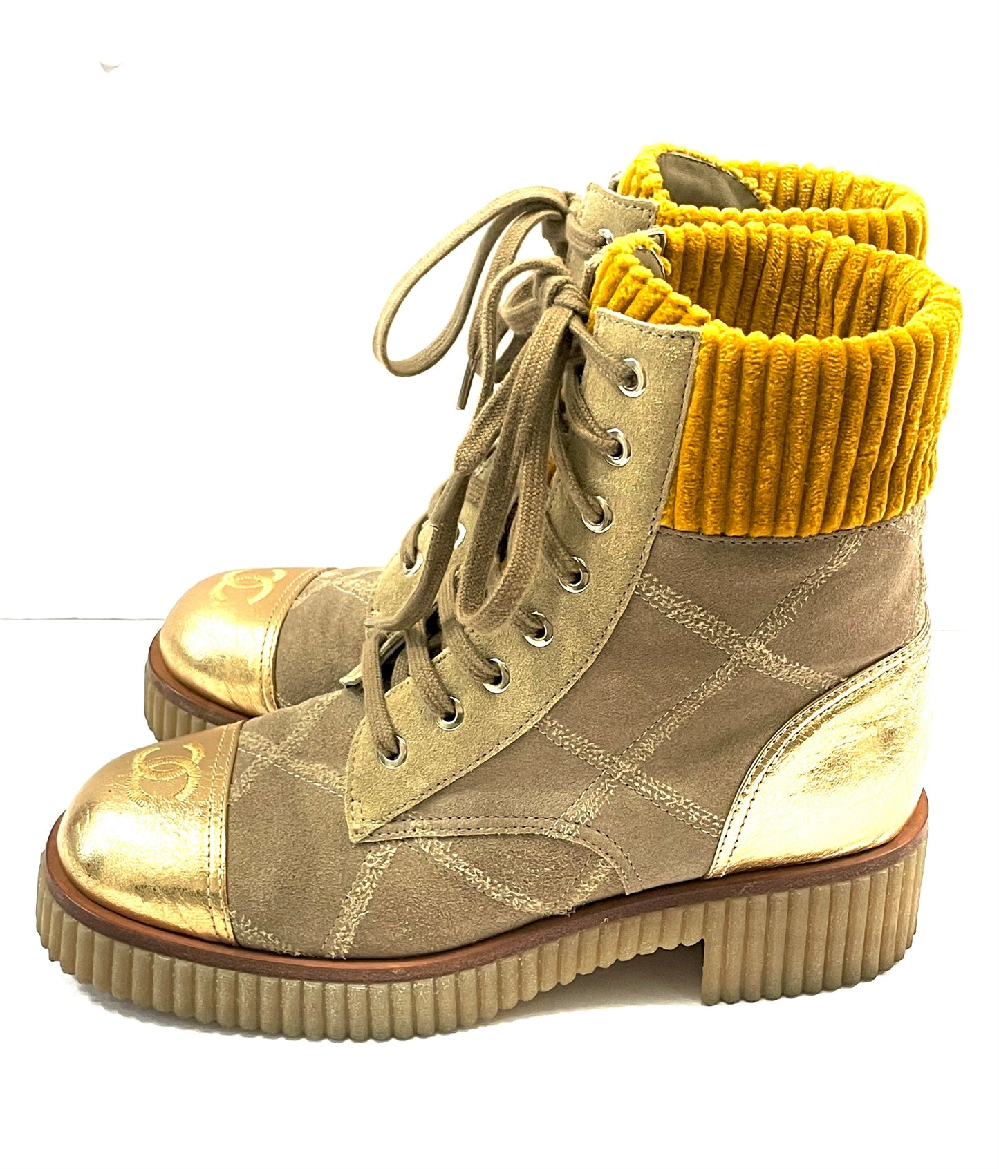 CHANEL QUILTED SUEDE CALFSKIN VELVET LAMINATED CC COMBAT BOOTS