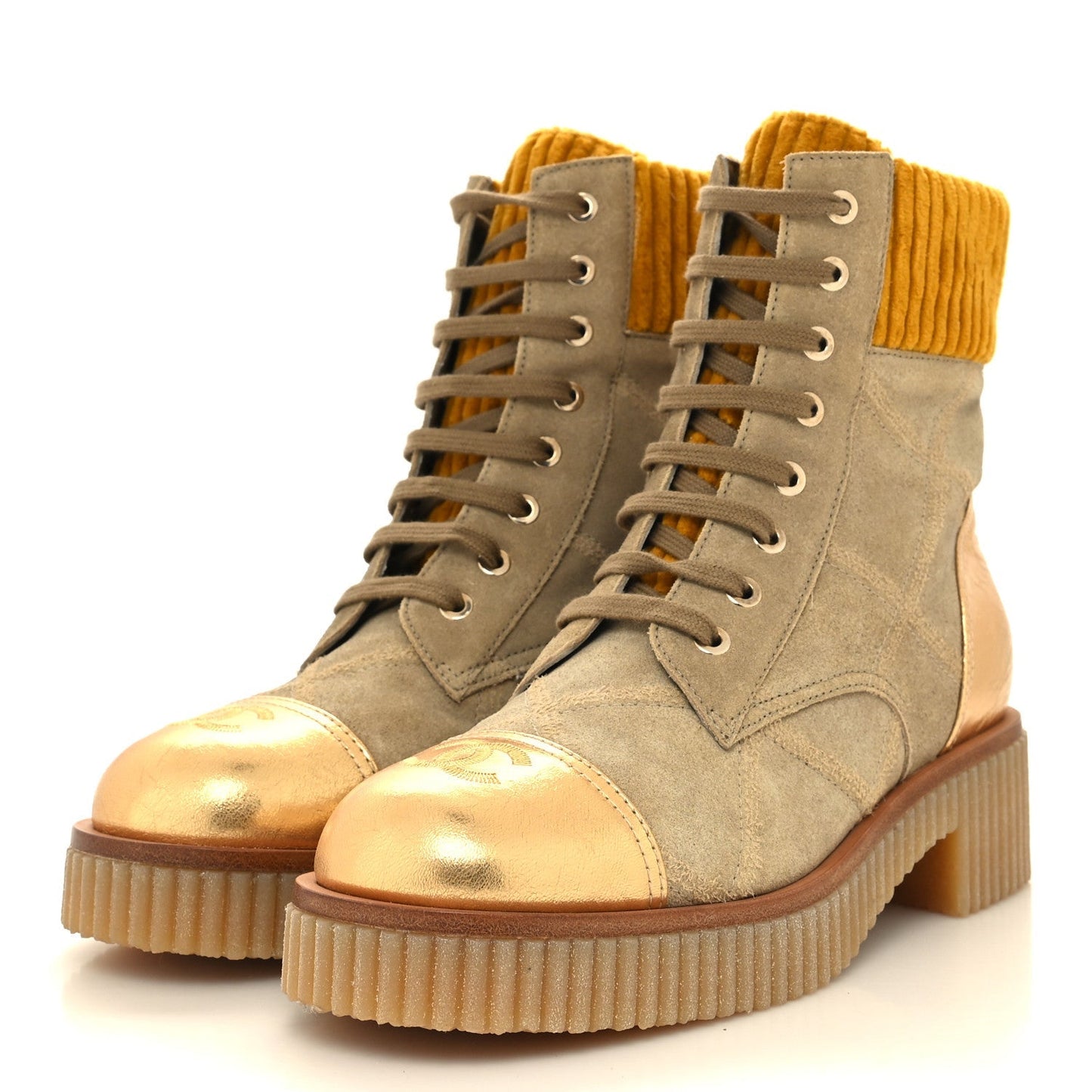 CHANEL QUILTED SUEDE CALFSKIN VELVET LAMINATED CC COMBAT BOOTS
