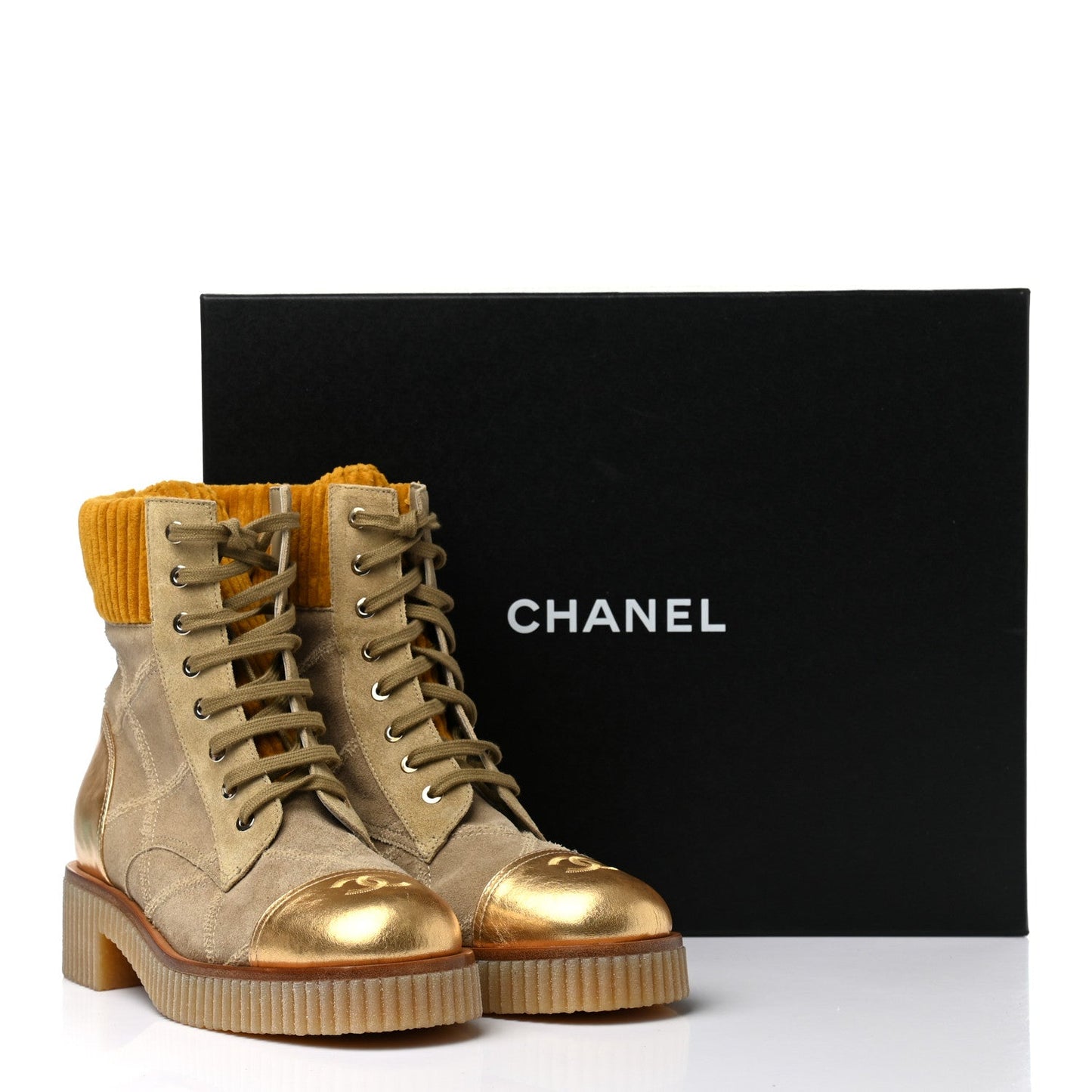 CHANEL QUILTED SUEDE CALFSKIN VELVET LAMINATED CC COMBAT BOOTS