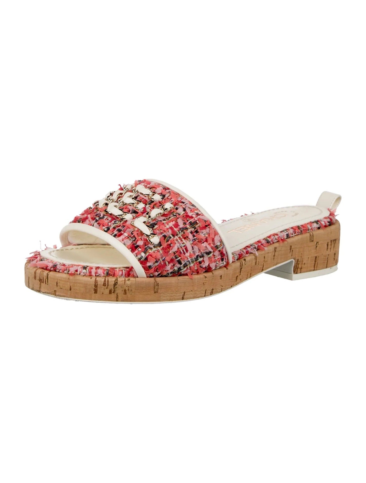 CHANEL TWEED CORK "CHA NEL" MULE SANDALS