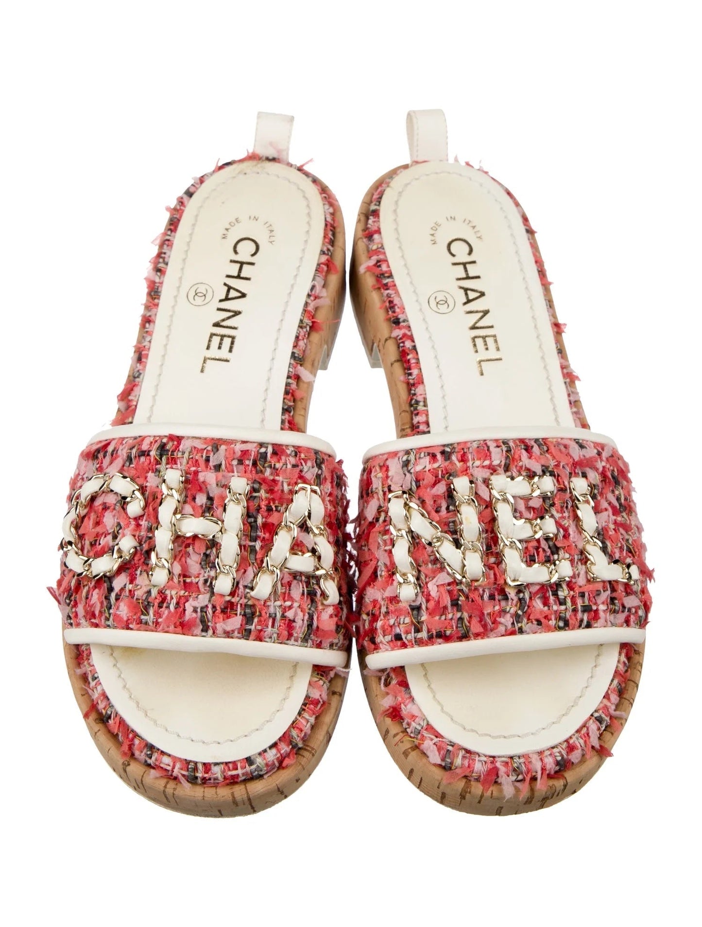 CHANEL TWEED CORK "CHA NEL" MULE SANDALS