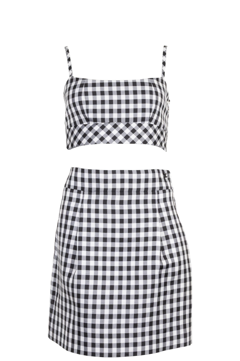 CHANEL Two Piece Silk Gingham Black White