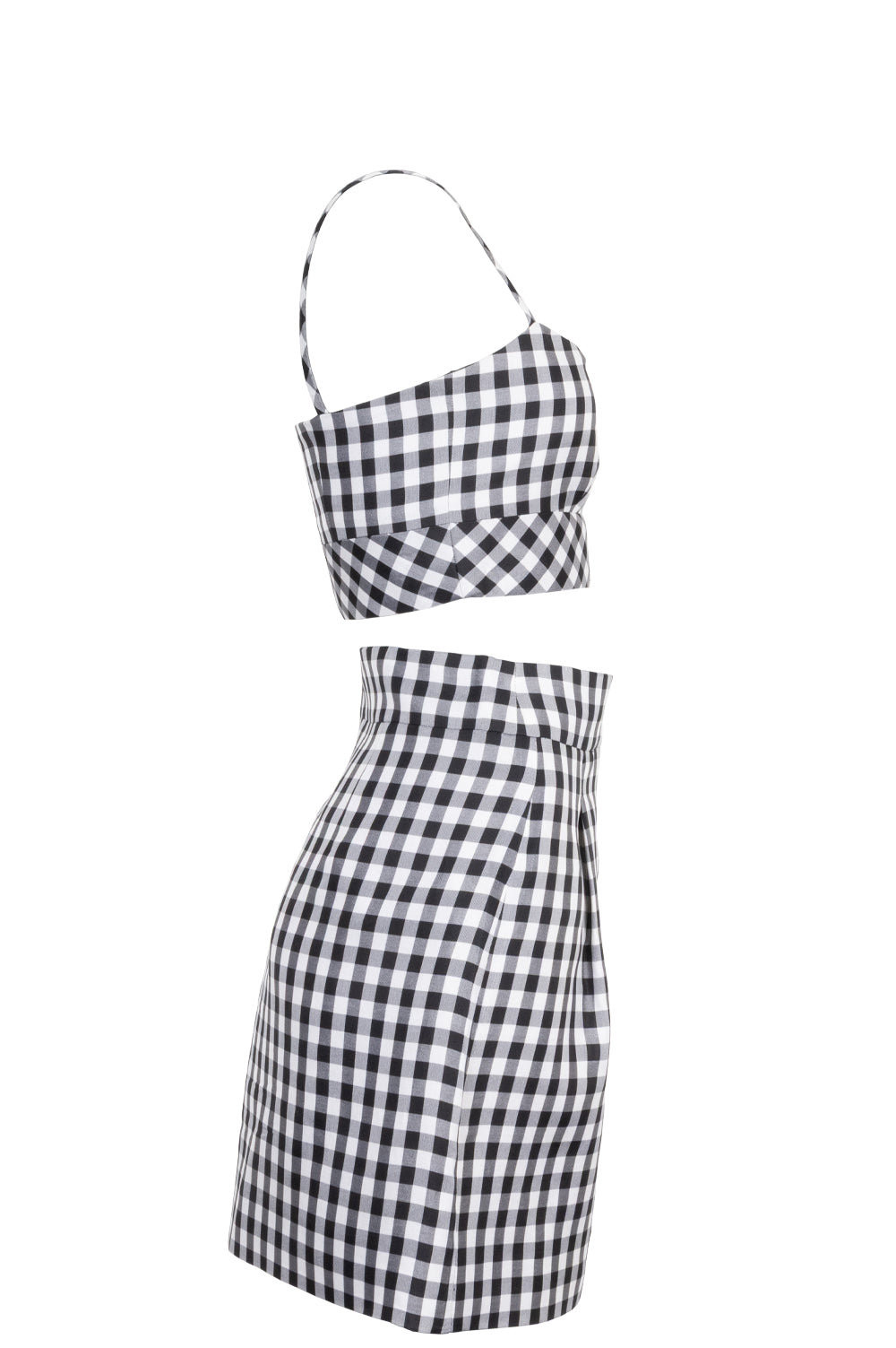 CHANEL Two Piece Silk Gingham Black White