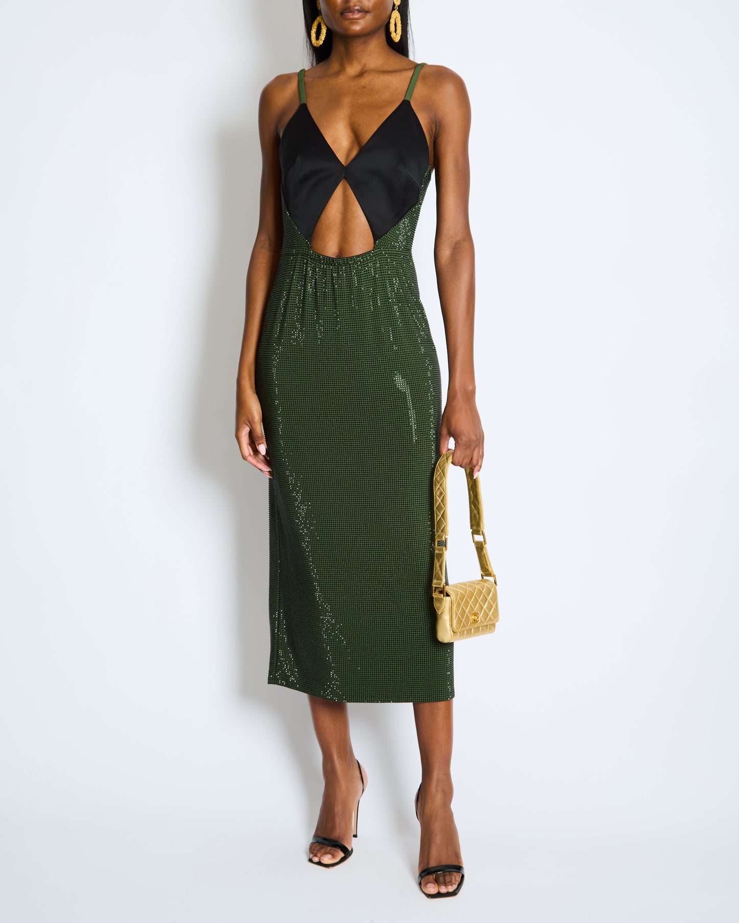 Christopher Kane Emerald Green Sequin Embellished Dress with Satin Black Top Detail UK 12
