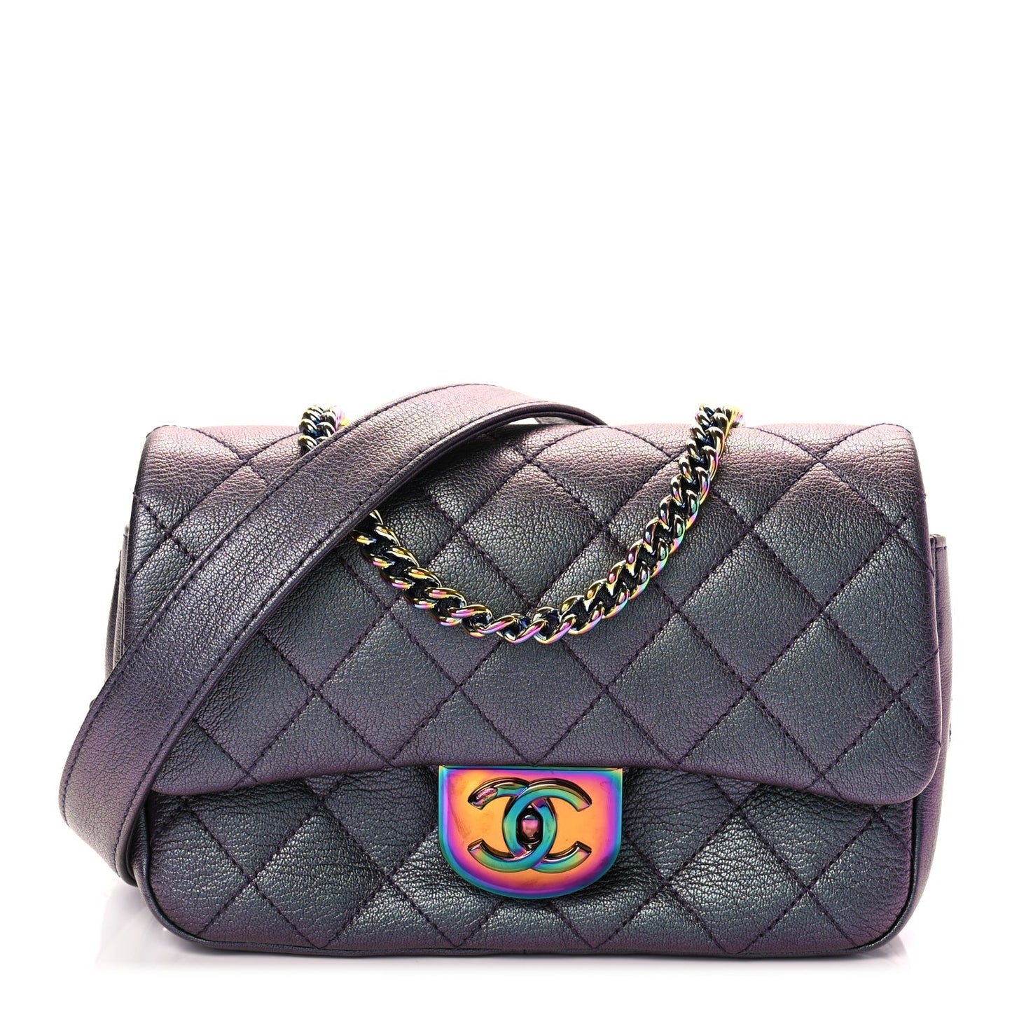 Chanel Iridescent Goatskin Quilted Small Double Carry Waist Chain Flap Purple