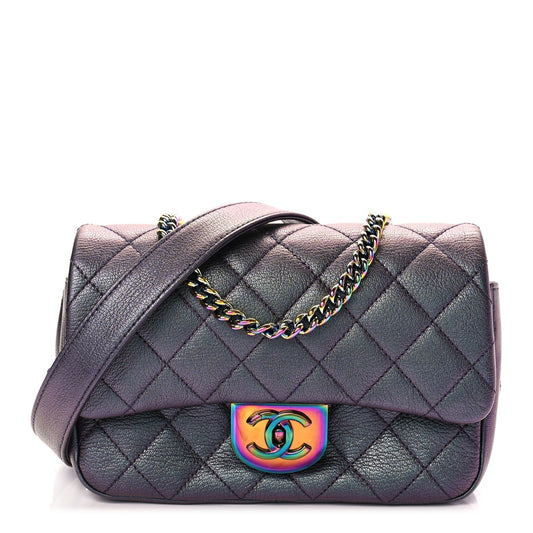 Chanel Iridescent Goatskin Quilted Small Double Carry Waist Chain Flap Purple