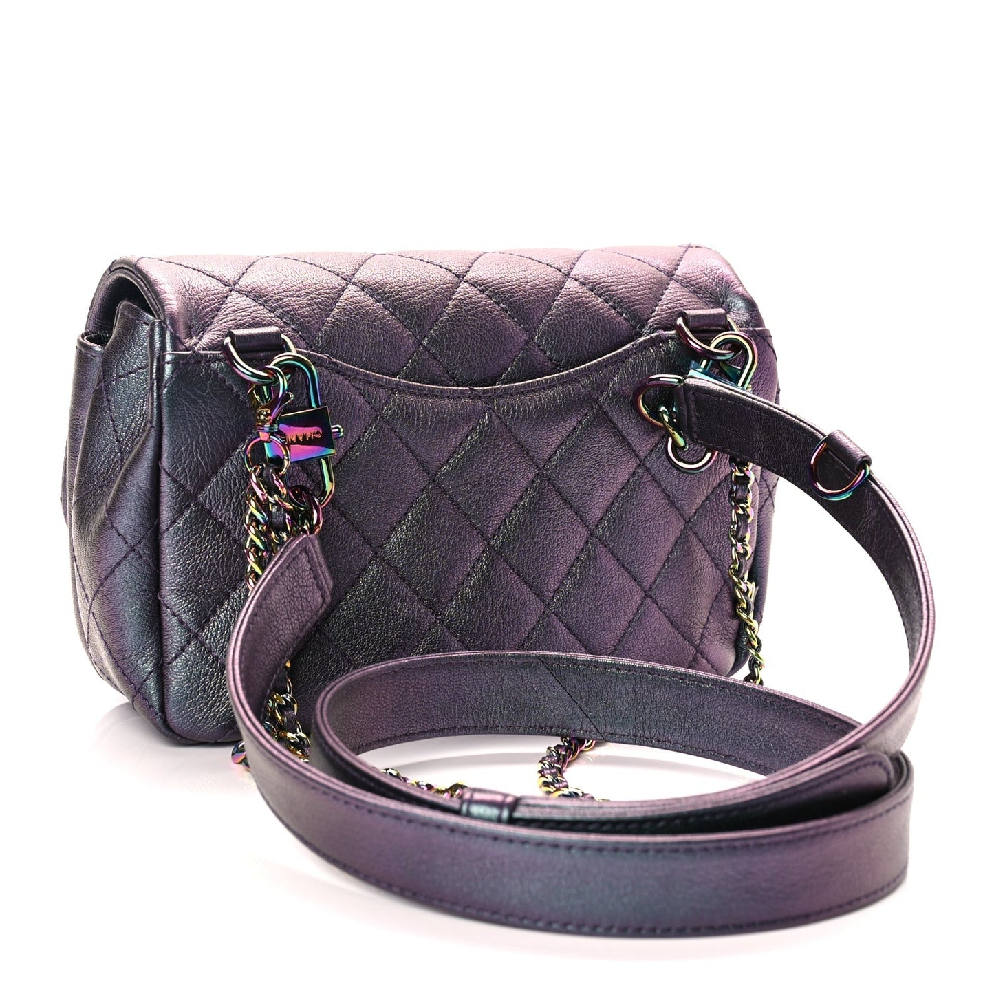 Chanel Iridescent Goatskin Quilted Small Double Carry Waist Chain Flap Purple