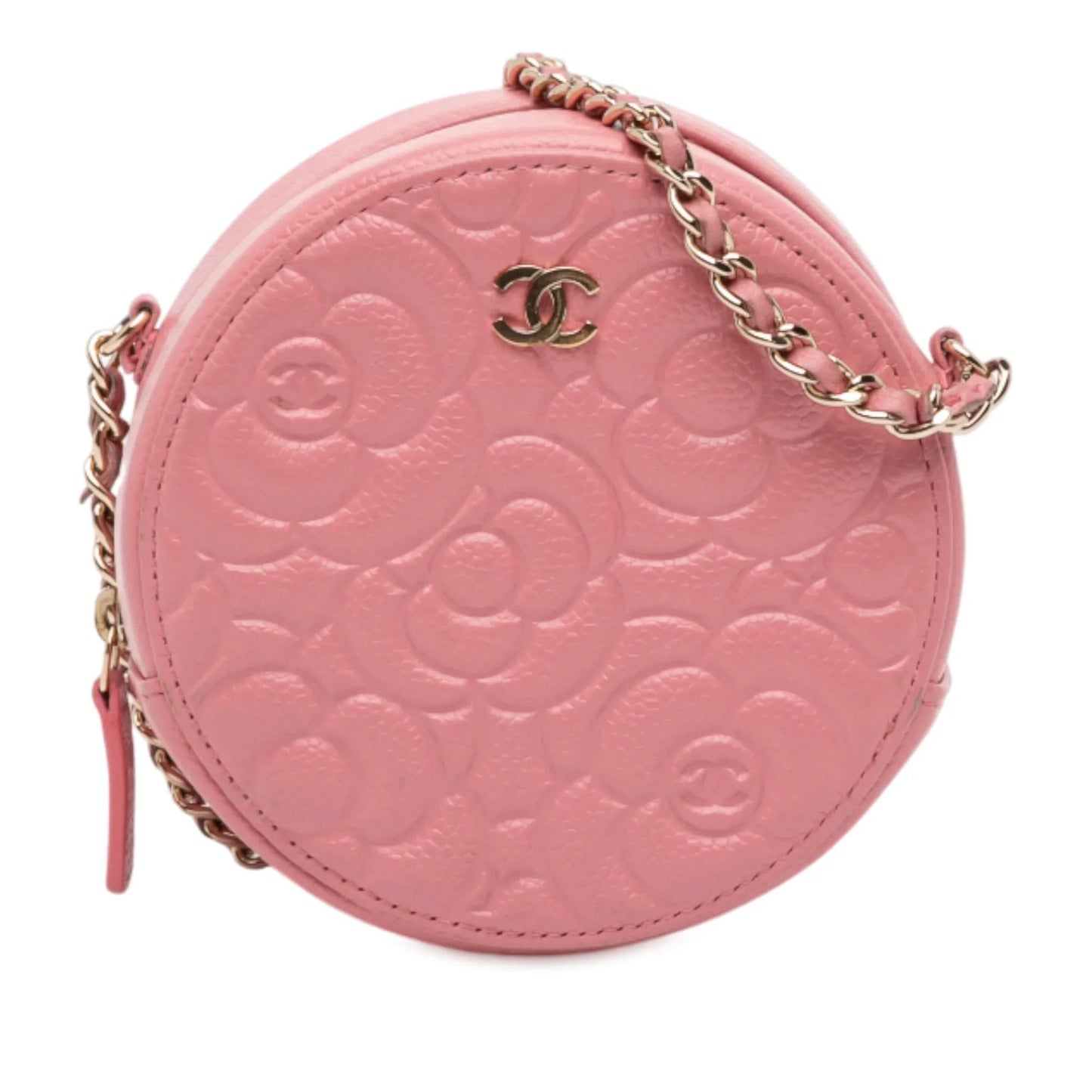 Pink Chanel CC Embossed Caviar Camellia Round Clutch With Chain Crossbody Bag