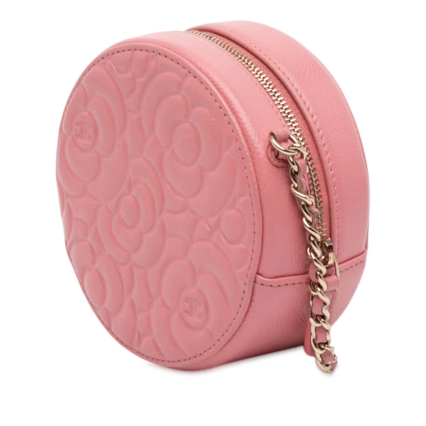 Pink Chanel CC Embossed Caviar Camellia Round Clutch With Chain Crossbody Bag