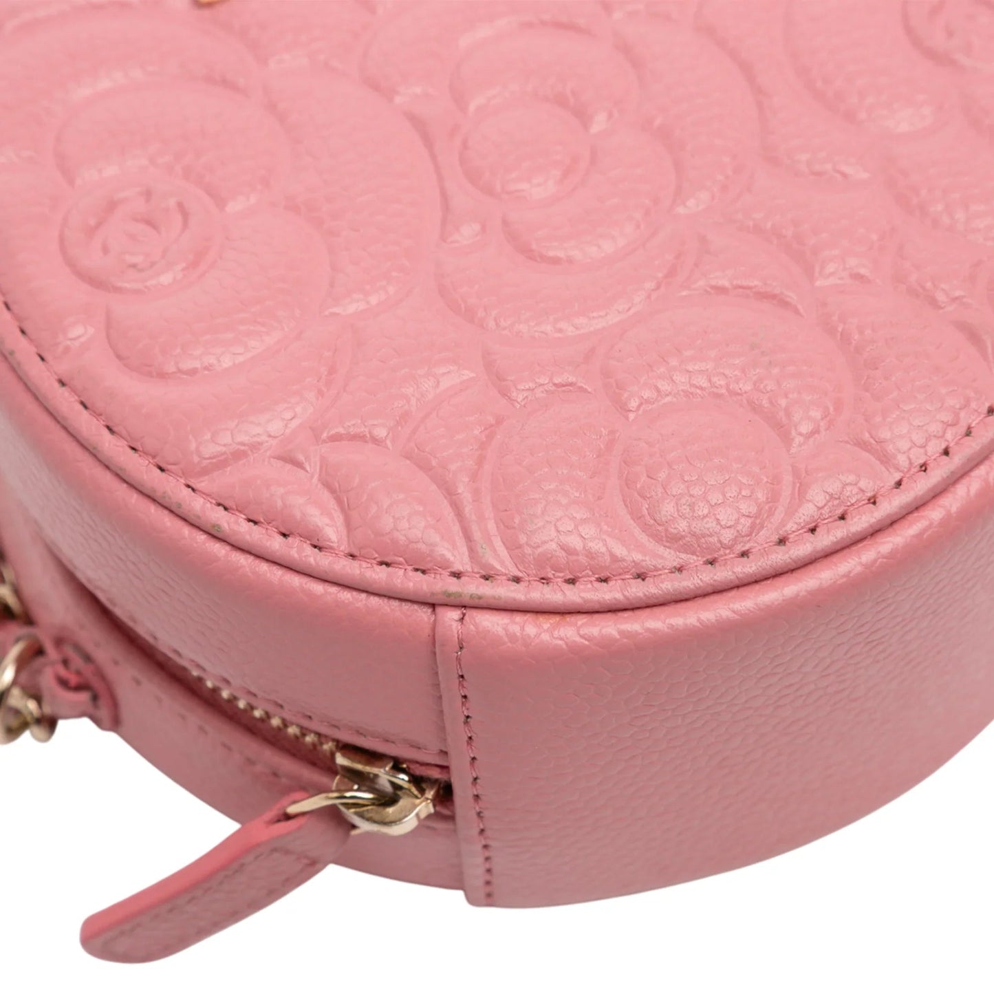 Pink Chanel CC Embossed Caviar Camellia Round Clutch With Chain Crossbody Bag