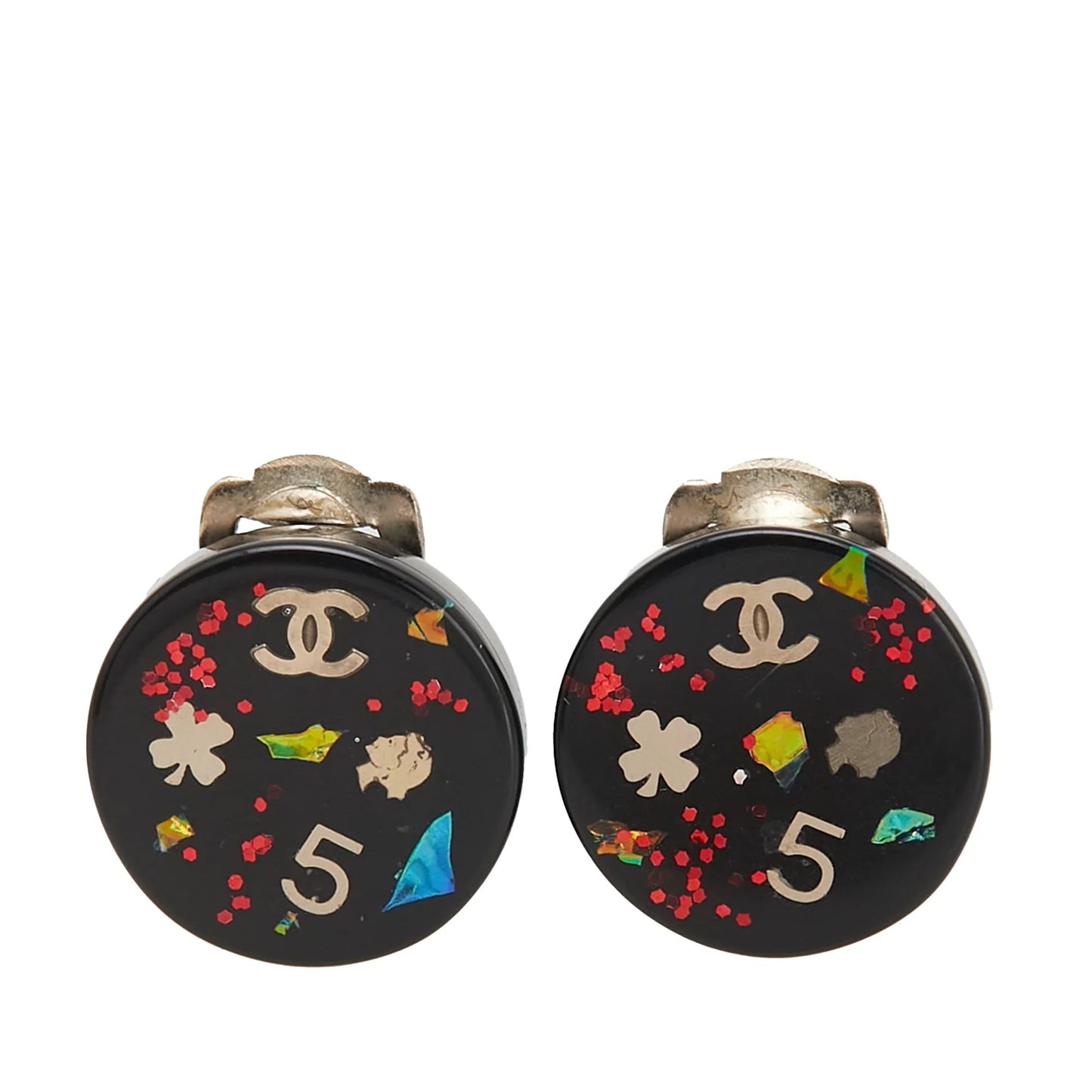 Black Chanel CC Resin No. 5 Button Clip on Earrings