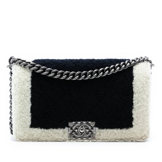 Black Chanel Old Medium Bicolor Shearling Boy Flap Crossbody Bag