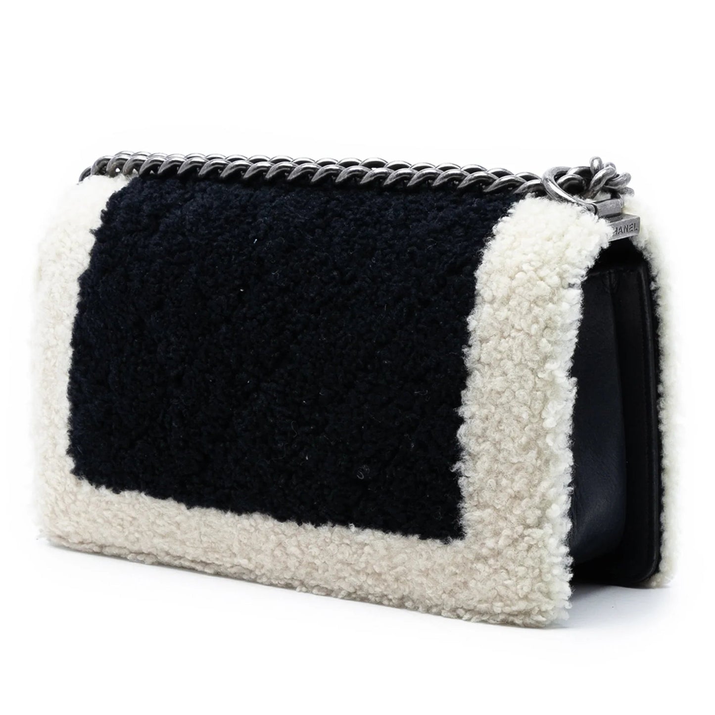 Black Chanel Old Medium Bicolor Shearling Boy Flap Crossbody Bag