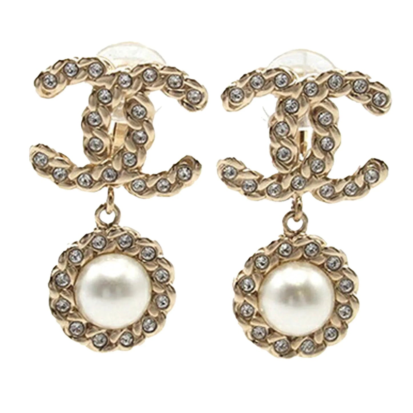 Gold Chanel CC Gold Plated Rhinestone and Faux Pearl Swing Clip On Earrings