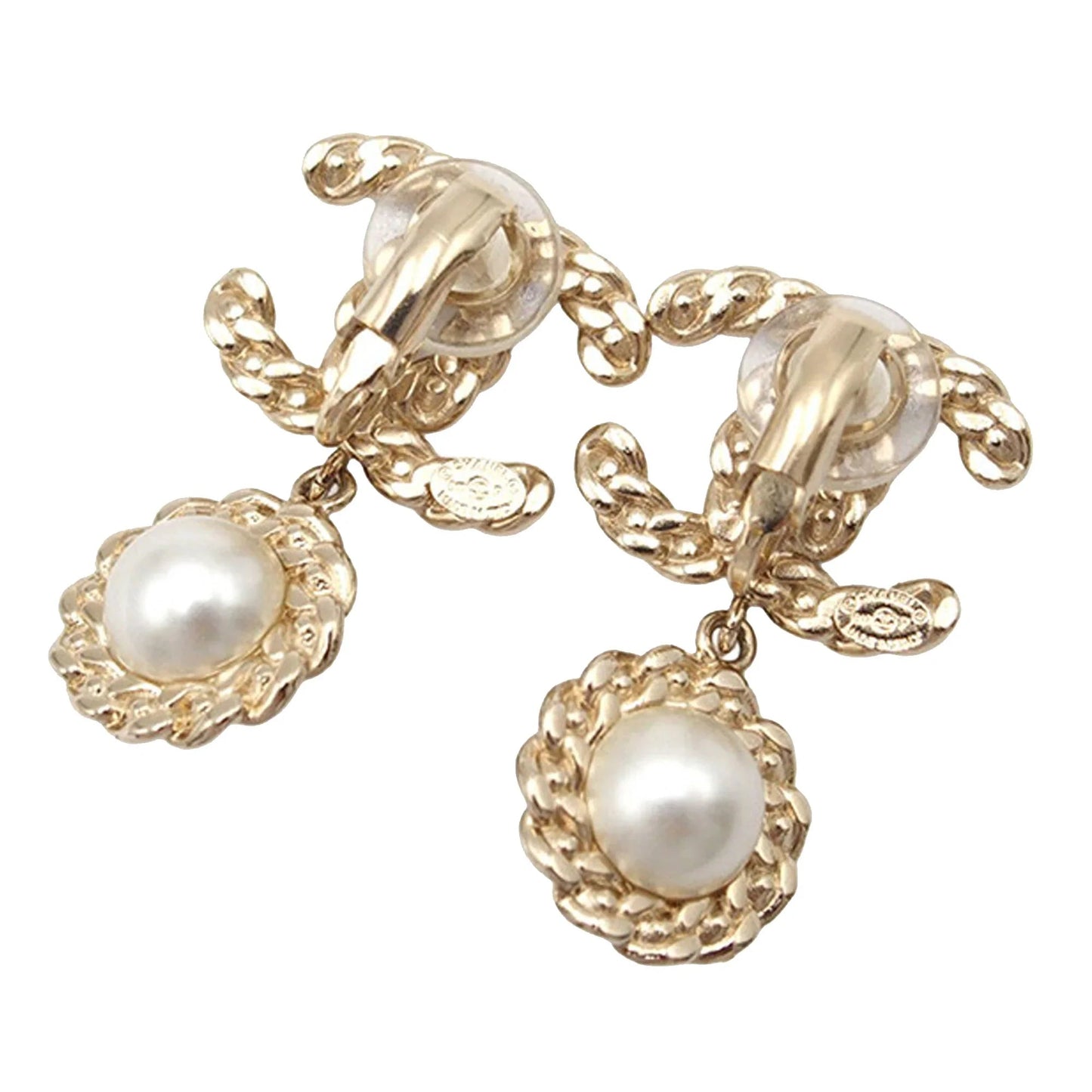 Gold Chanel CC Gold Plated Rhinestone and Faux Pearl Swing Clip On Earrings