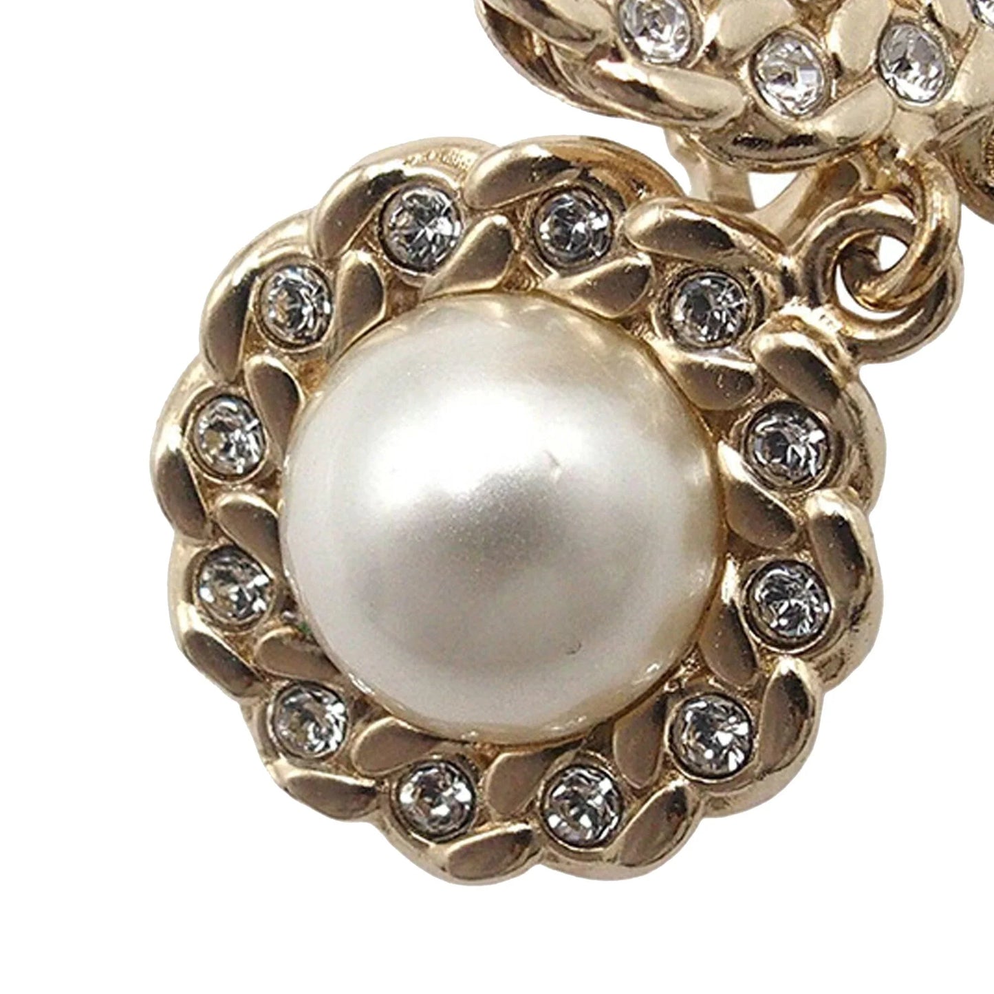 Gold Chanel CC Gold Plated Rhinestone and Faux Pearl Swing Clip On Earrings