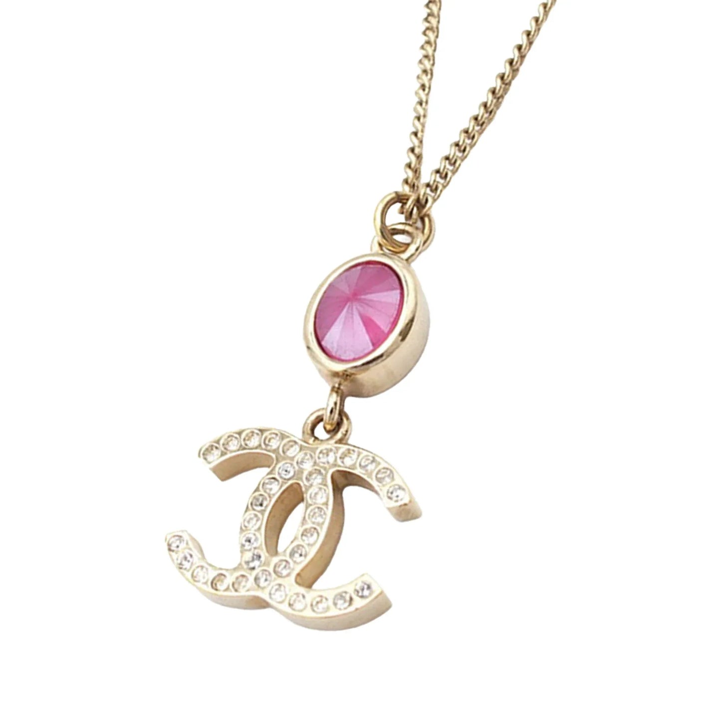 Gold Chanel CC Gold Plated Rhinestone Pendant Necklace